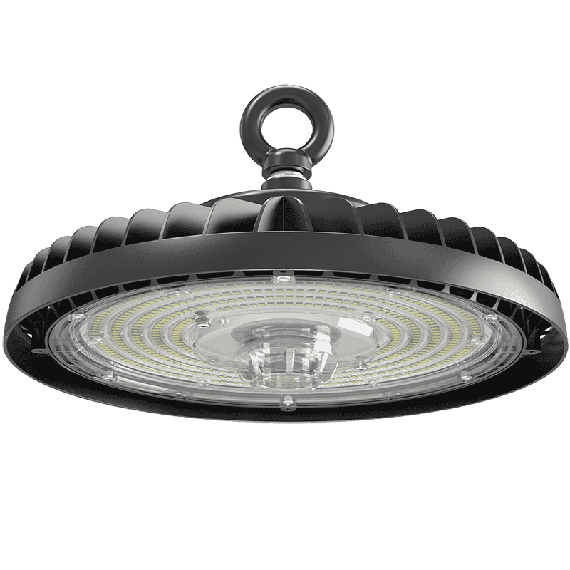 A high-bay industrial LED hanging light fixture with a ribbed black housing, a circular mounting ring, and a clear protective cover over a ring of LED chips, shown against a plain white background.