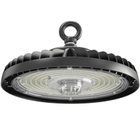 A high-bay industrial LED hanging light fixture with a ribbed black housing, a circular mounting ring, and a clear protective cover over a ring of LED chips, shown against a plain white background.