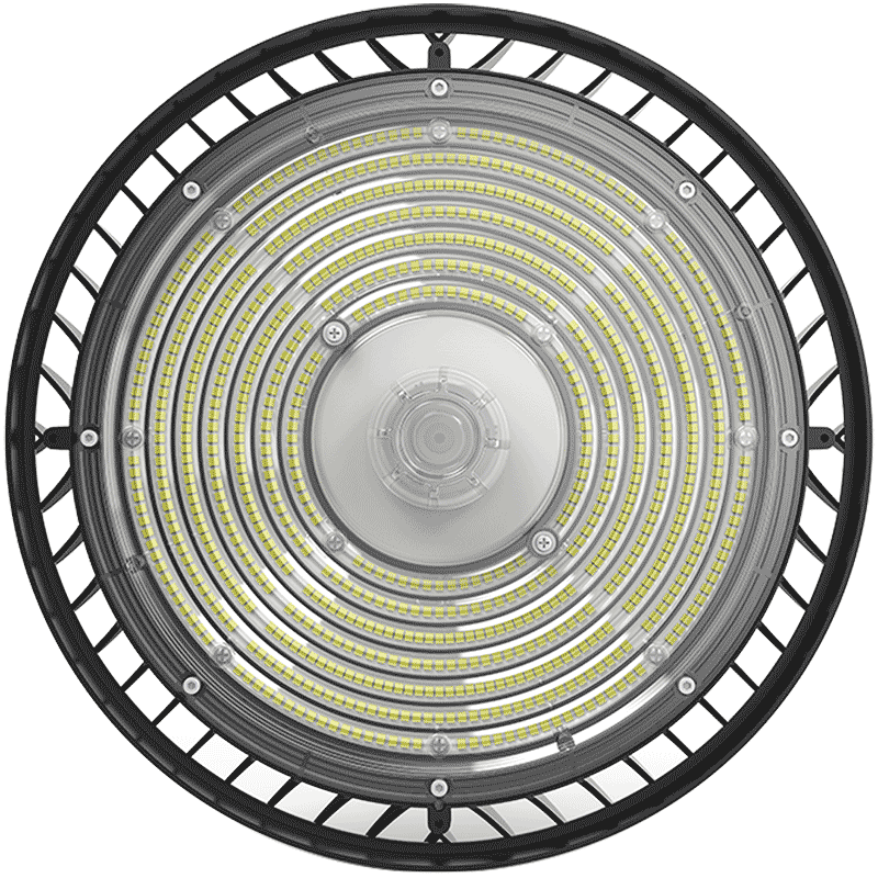 A large circular industrial LED light fixture with a black metal frame, concentric clear rings, and rows of yellow LED chips, shown against a plain white background.