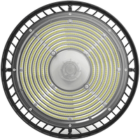 A large circular industrial LED light fixture with a black metal frame, concentric clear rings, and rows of yellow LED chips, shown against a plain white background.