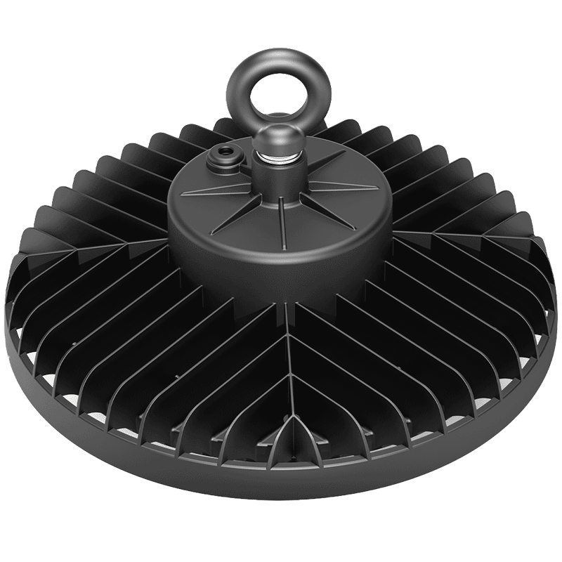 A black circular industrial high bay light with a central mounting hub and a top lifting ring, shown on a plain white background.