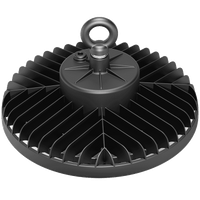 A black circular industrial high bay light with a central mounting hub and a top lifting ring, shown on a plain white background.