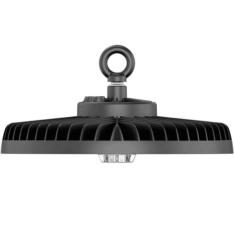 A high-bay industrial LED light fixture with a wide, ribbed shade, a central mounting post, and a circular lifting ring at the top, shown against a plain white background.