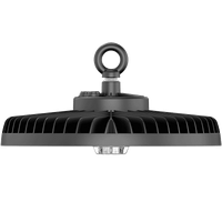 A high-bay industrial LED light fixture with a wide, ribbed shade, a central mounting post, and a circular lifting ring at the top, shown against a plain white background.