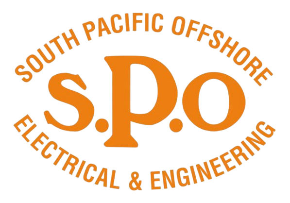 Orange and white logo for South Pacific Offshore Electrical & Engineering, featuring the letters S.P.O